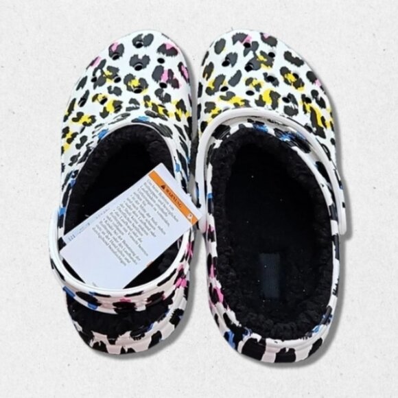 Crocs Classic Lined Mule Clog Shoes Leopard Print Fleece Lining Multicolor 8 NWT